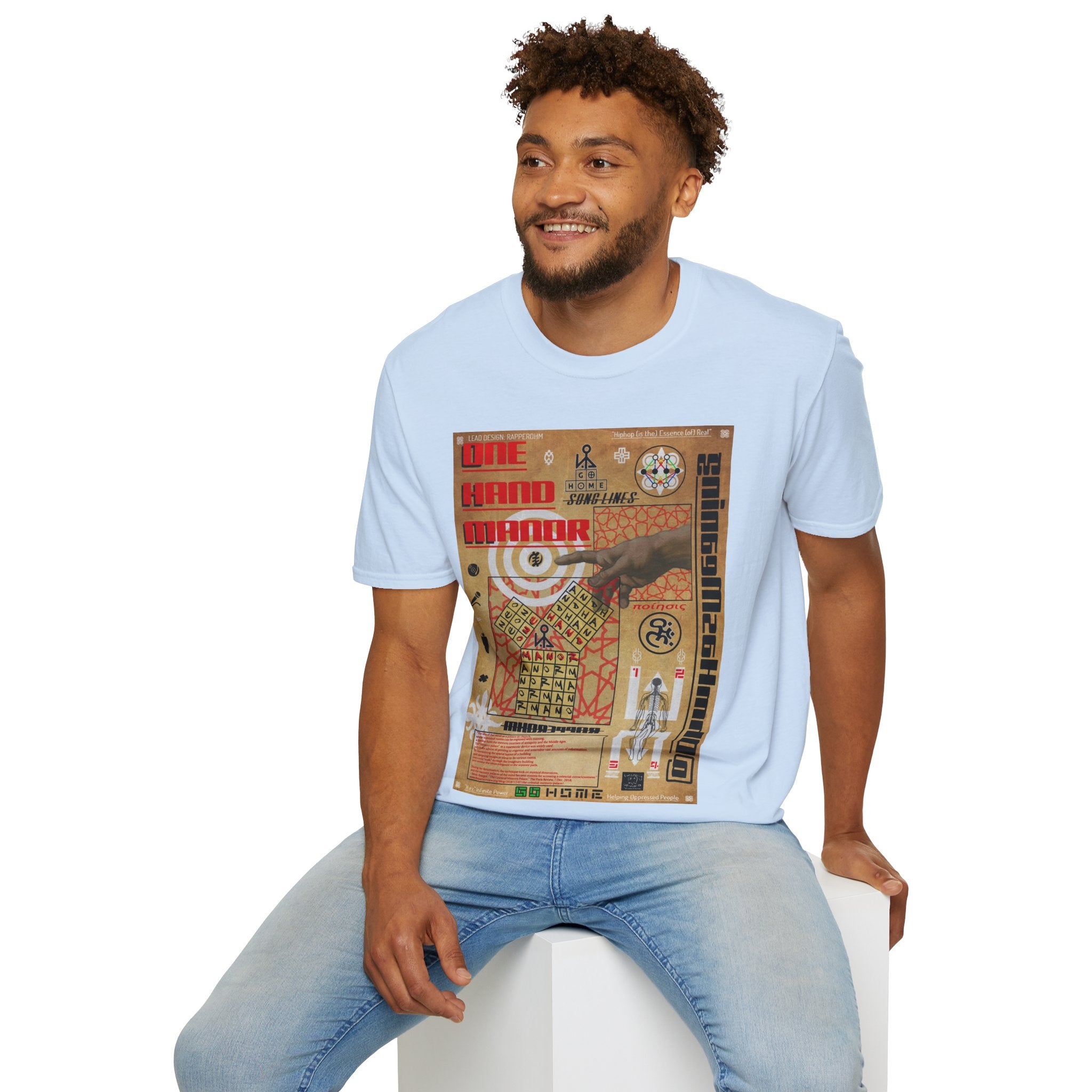 "Song Lines", Brutalist Rap Magazine Art T-Shirt — Islamic Tiling & Adinkra Symbols