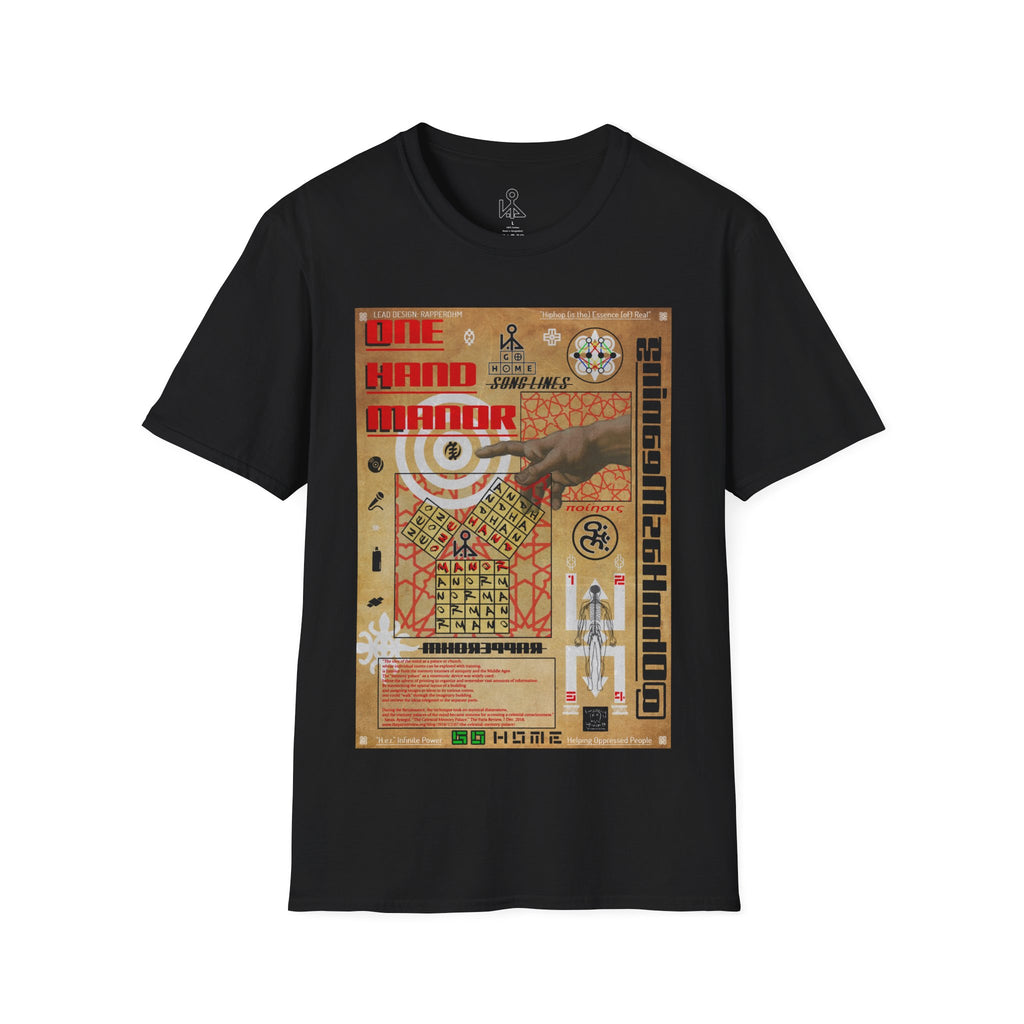 "Song Lines", Brutalist Rap Magazine Art T-Shirt — Islamic Tiling & Adinkra Symbols