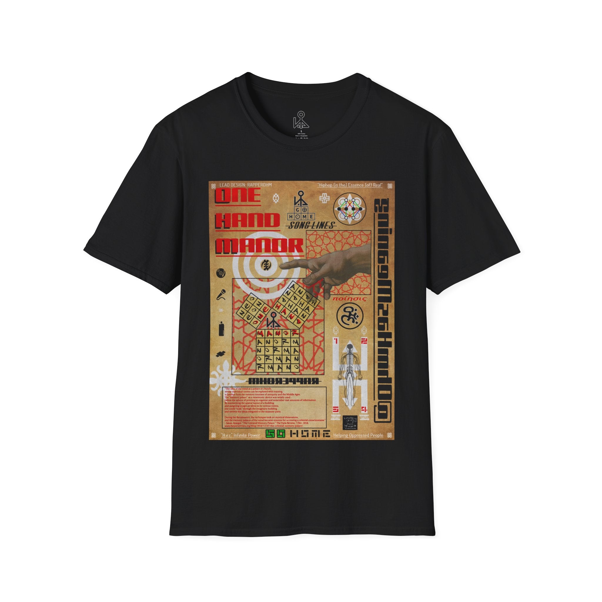 "Song Lines", Brutalist Rap Magazine Art T-Shirt — Islamic Tiling & Adinkra Symbols