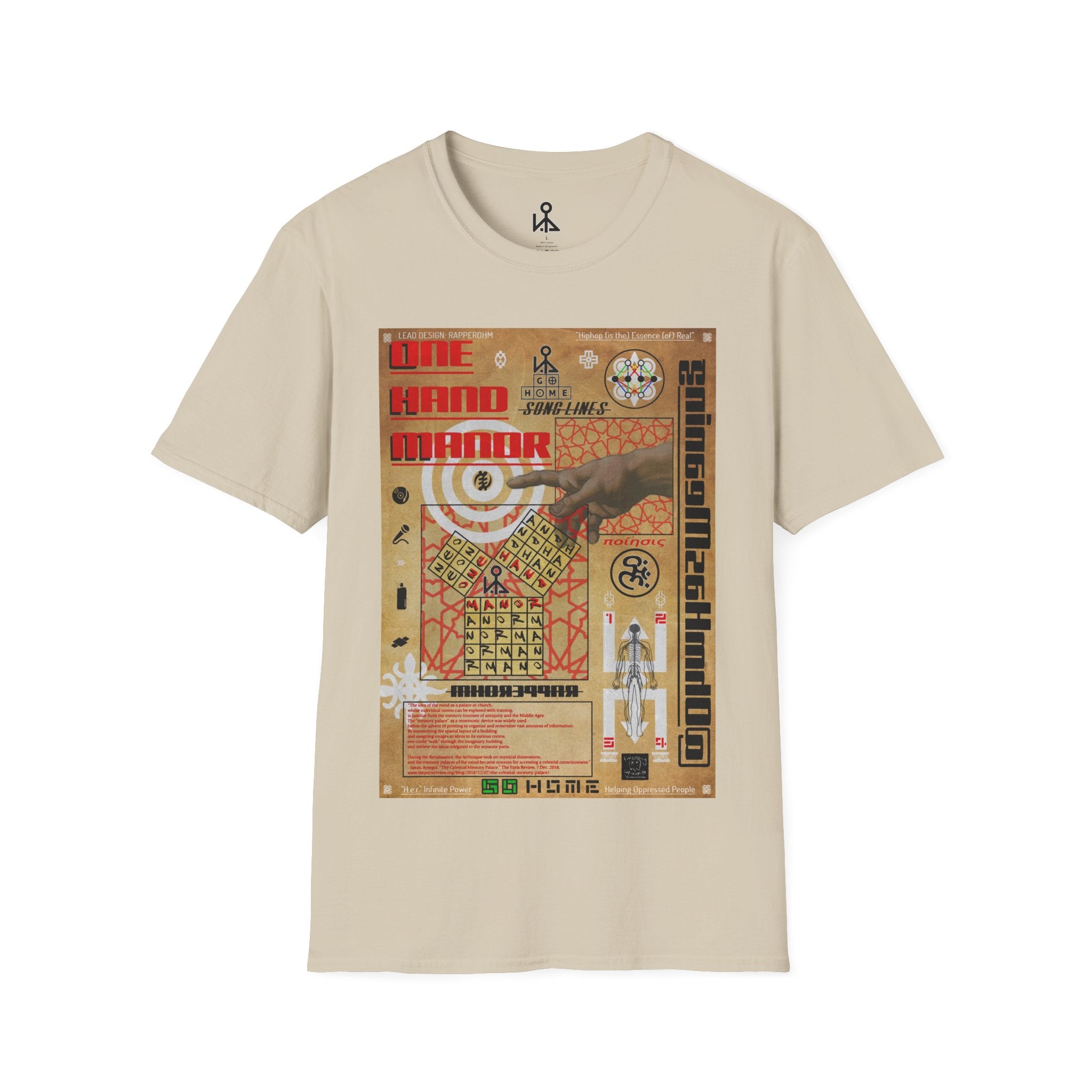"Song Lines", Brutalist Rap Magazine Art T-Shirt — Islamic Tiling & Adinkra Symbols