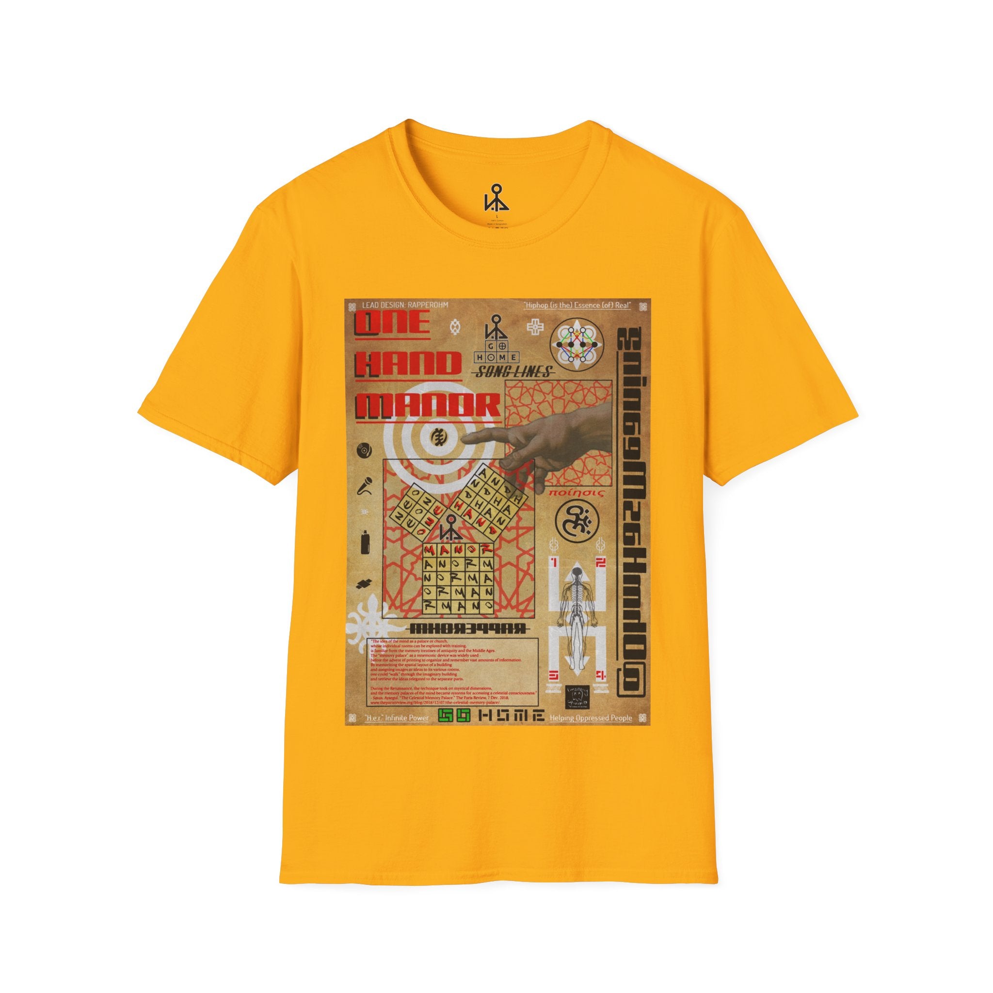 "Song Lines", Brutalist Rap Magazine Art T-Shirt — Islamic Tiling & Adinkra Symbols