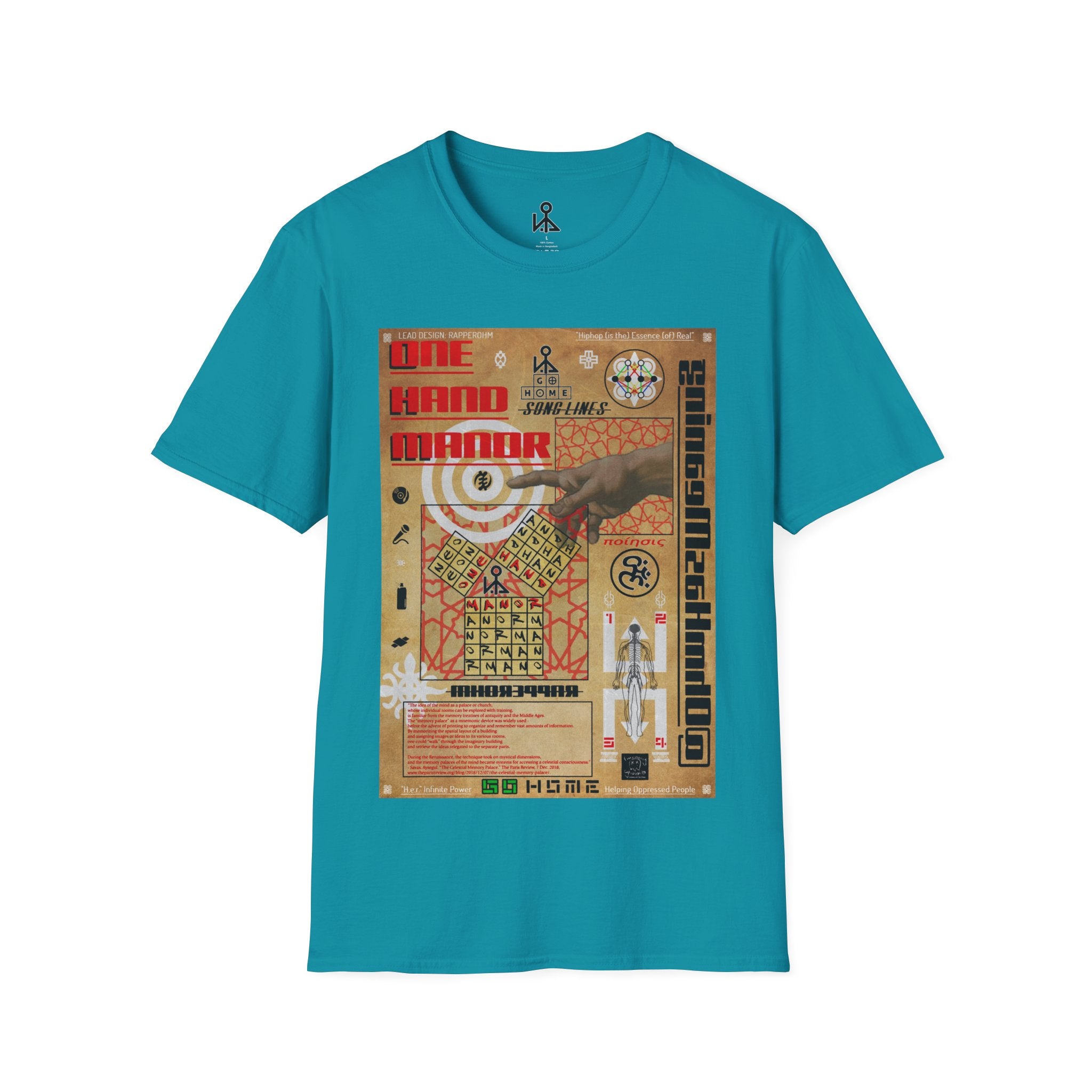 "Song Lines", Brutalist Rap Magazine Art T-Shirt — Islamic Tiling & Adinkra Symbols