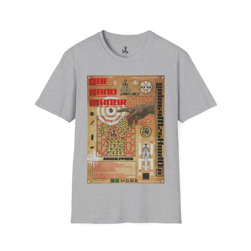 "Song Lines", Brutalist Rap Magazine Art T-Shirt — Islamic Tiling & Adinkra Symbols