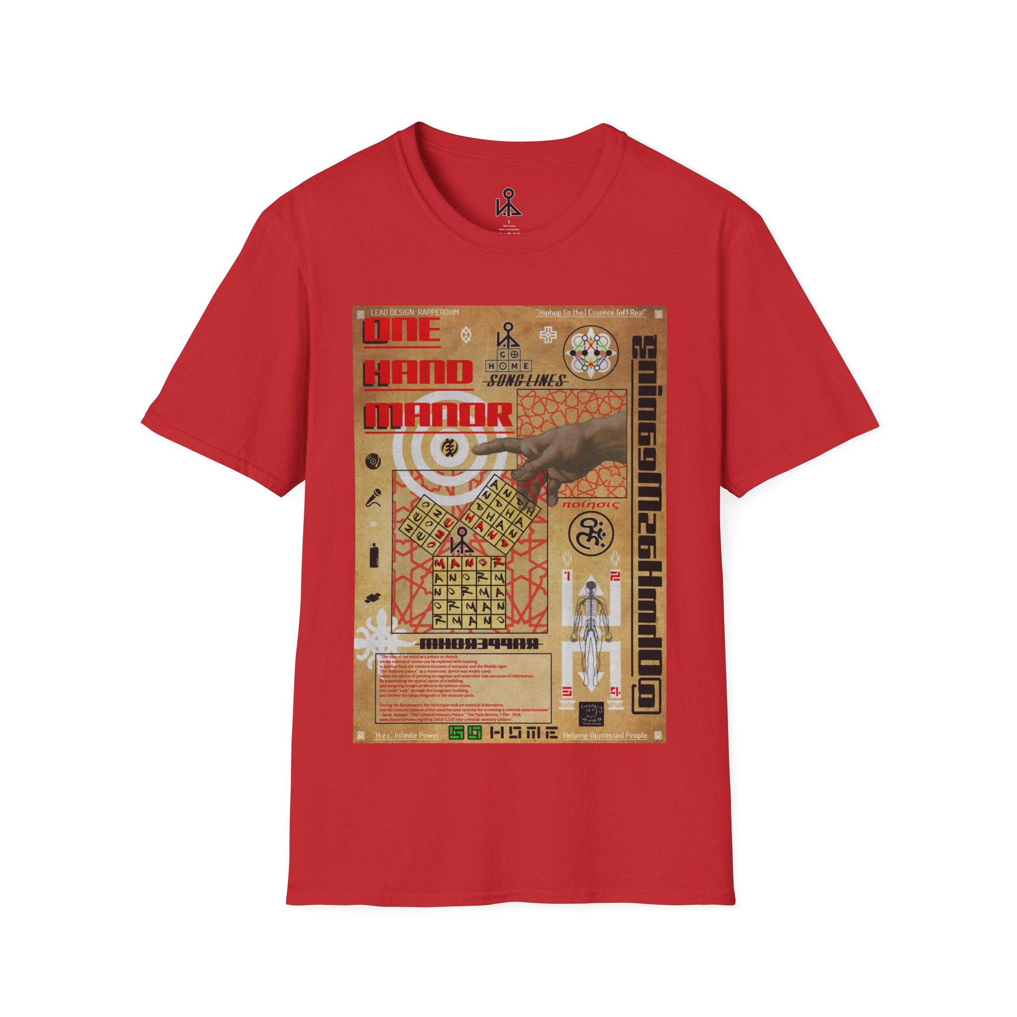 "Song Lines", Brutalist Rap Magazine Art T-Shirt — Islamic Tiling & Adinkra Symbols