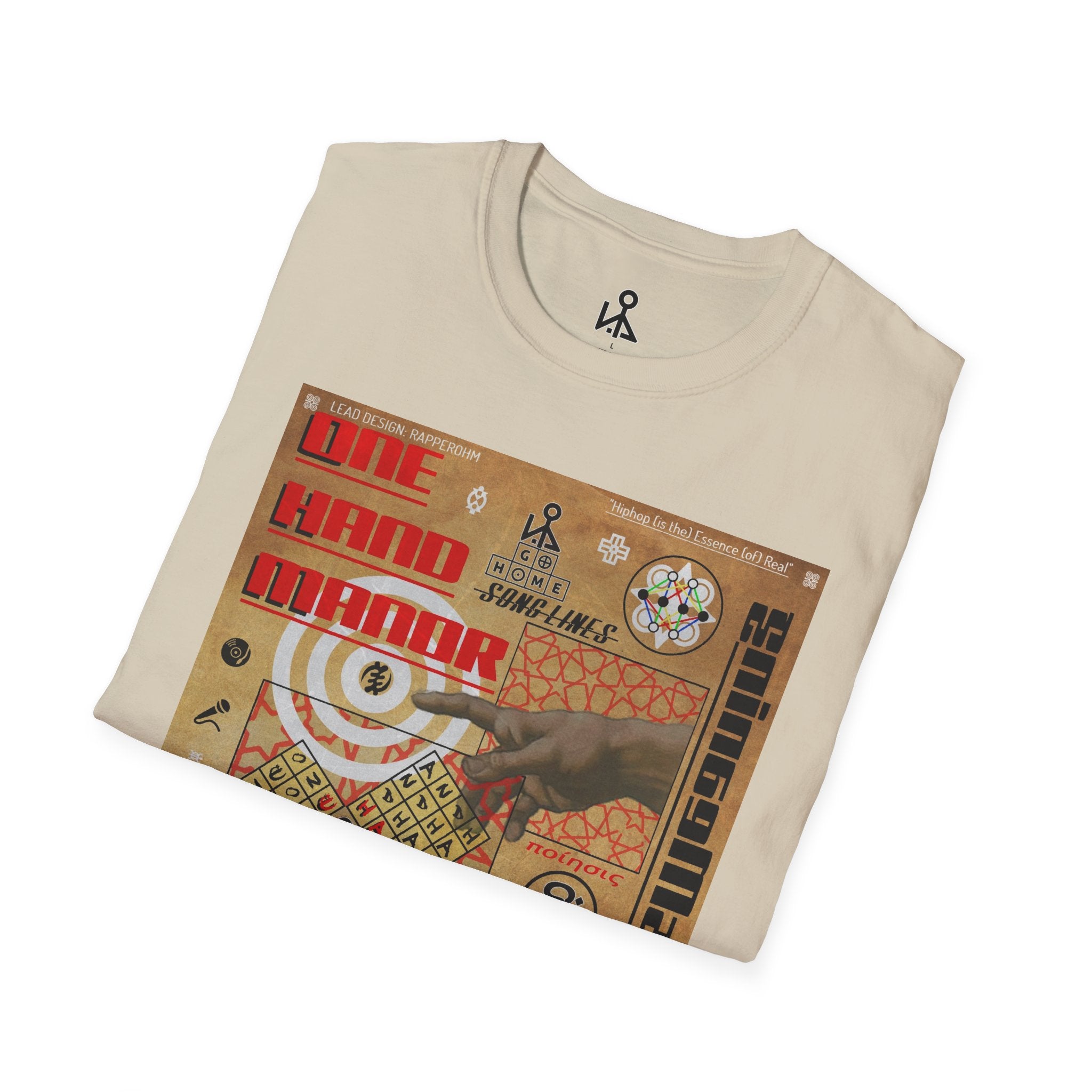 "Song Lines", Brutalist Rap Magazine Art T-Shirt — Islamic Tiling & Adinkra Symbols