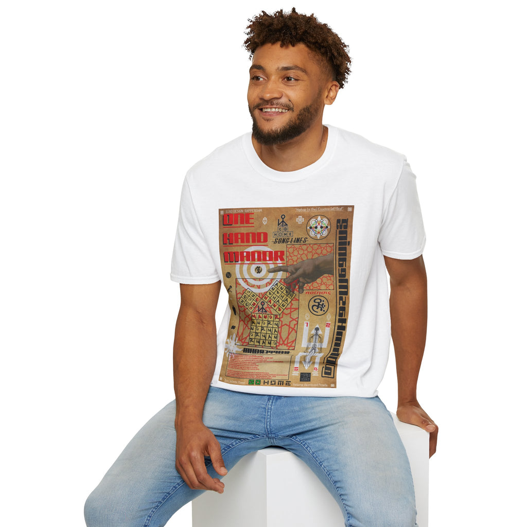 "Song Lines", Brutalist Rap Magazine Art T-Shirt — Islamic Tiling & Adinkra Symbols